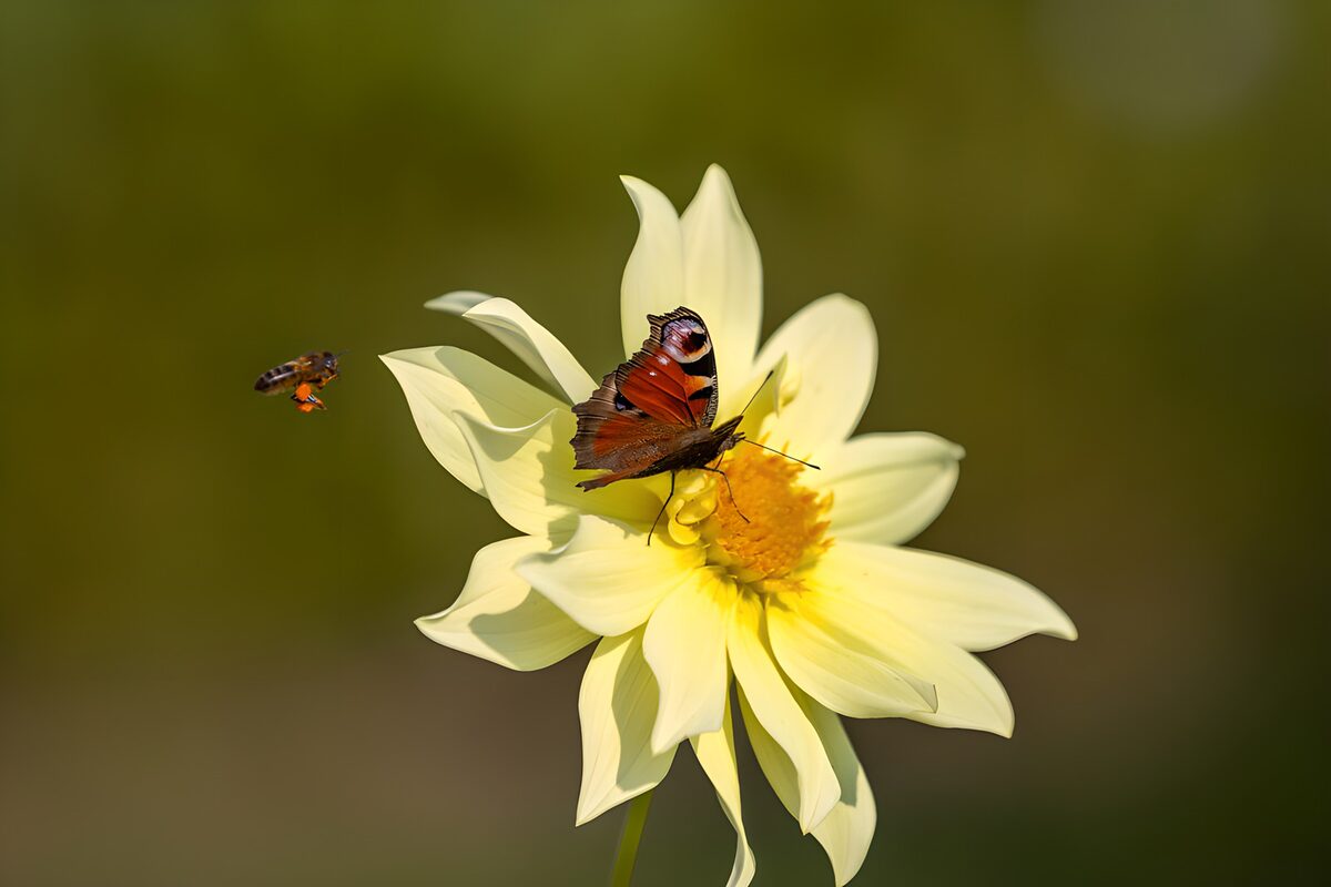 OCUK64682: Butterfly and Bee on a Yellow Flower