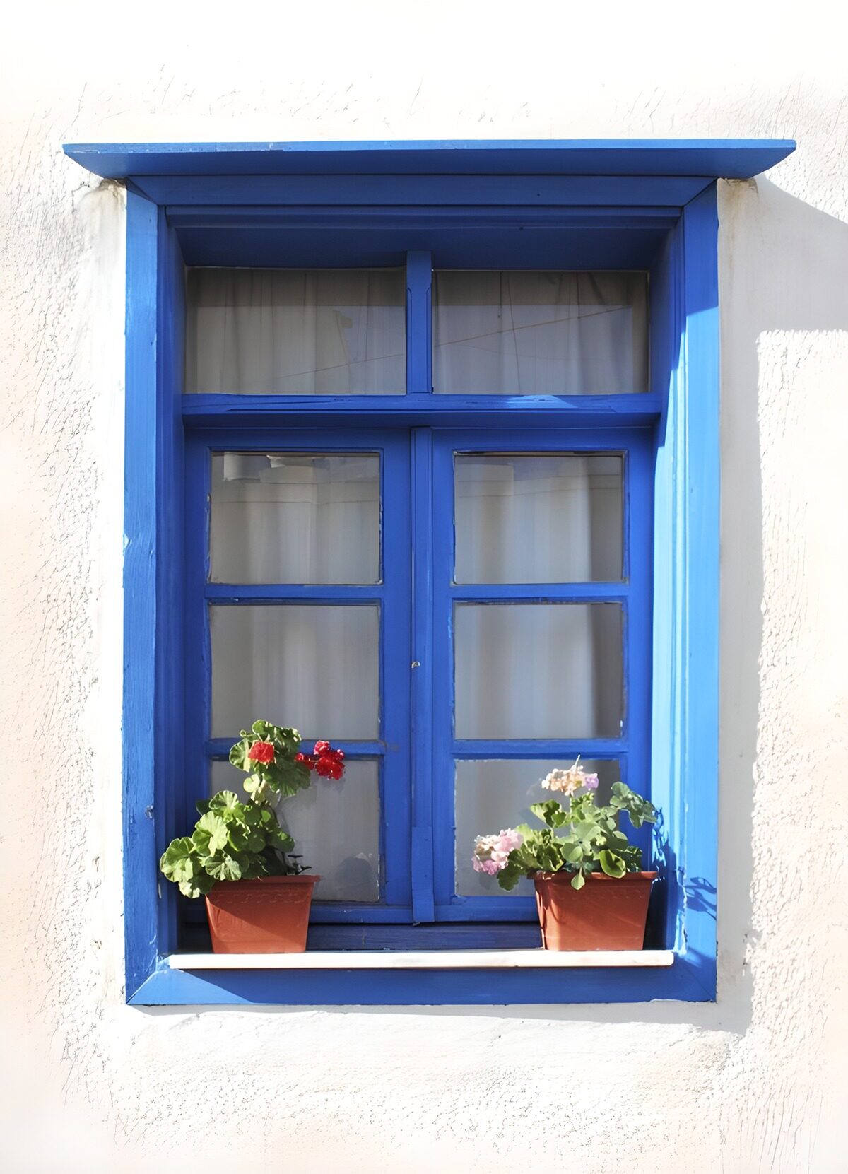 Charming Blue Window with Flower Pots