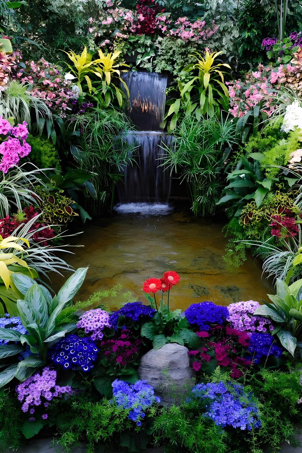Waterfall with pond and flowers