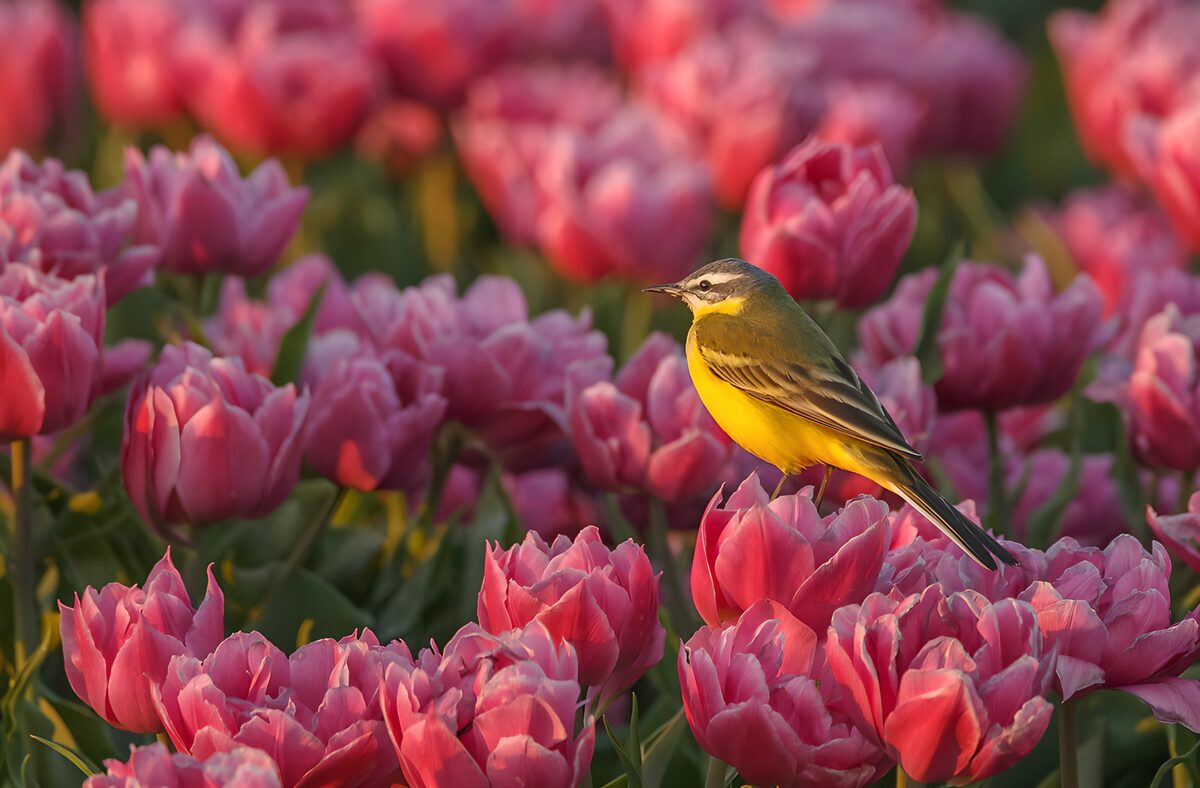 OCUK85677: Bright Yellow Bird Among Pink Tulips