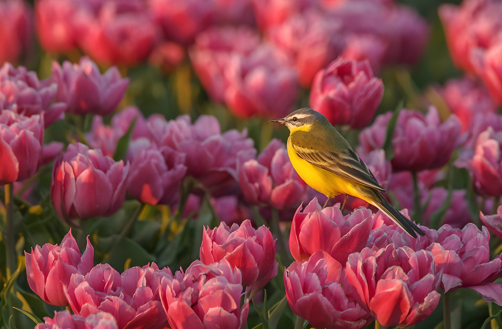 OCUK85677: Bright Yellow Bird Among Pink Tulips