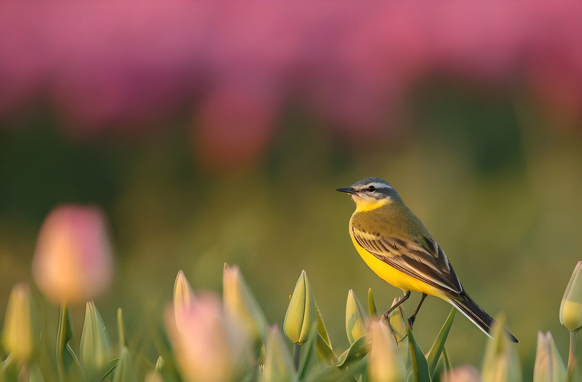 OCUK13577: Yellow Bird Among Tulips