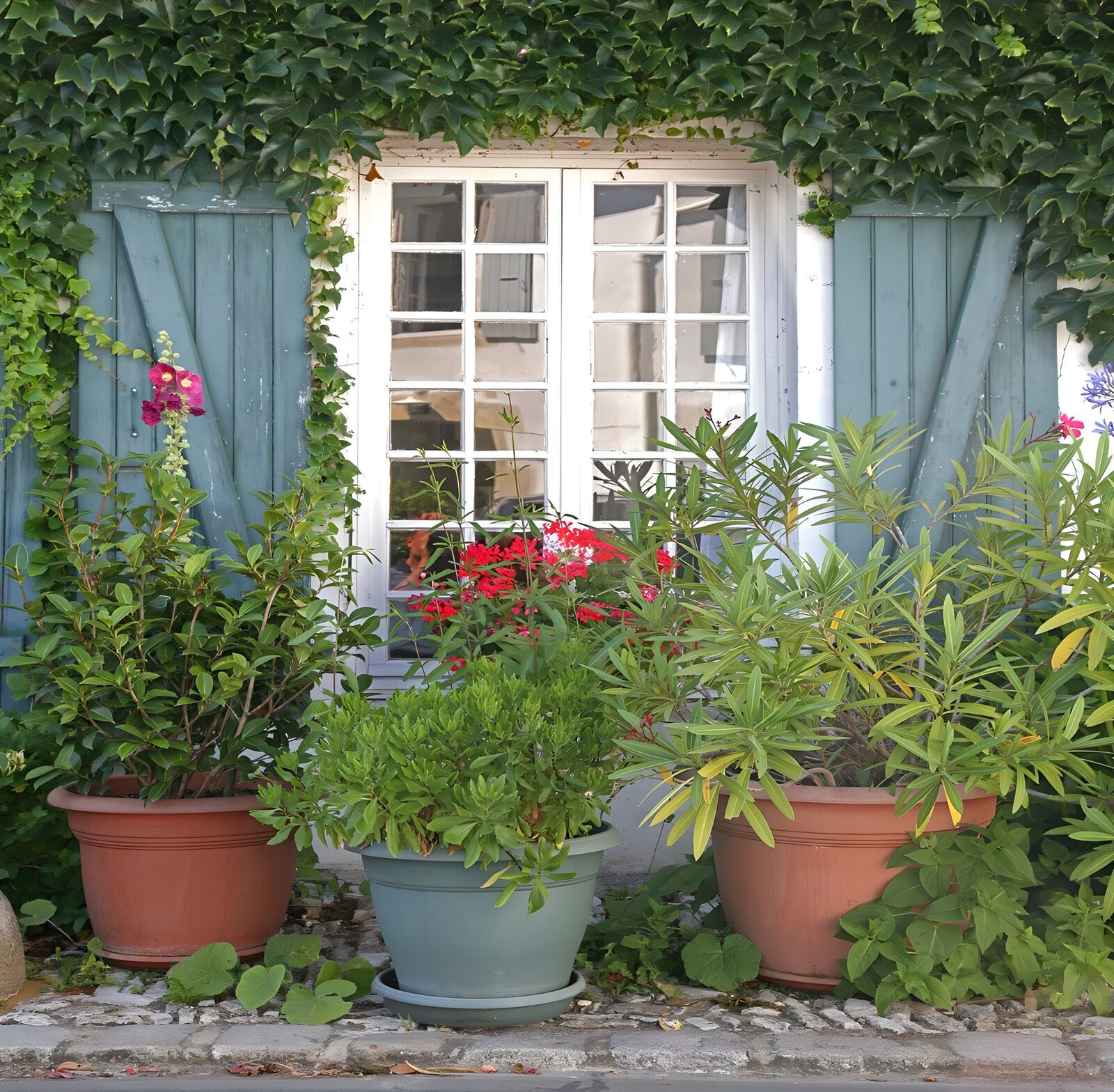 OCUK91662: White window with blue-green shutters, three flowerpots and ivy