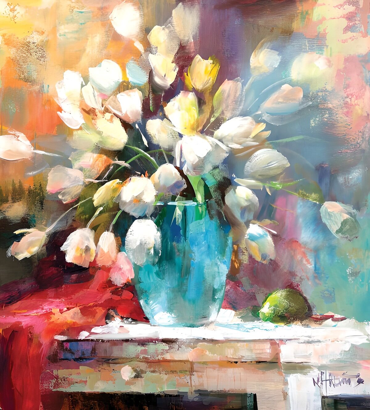 OCUK94722: White Tulips in Turquoise Vase