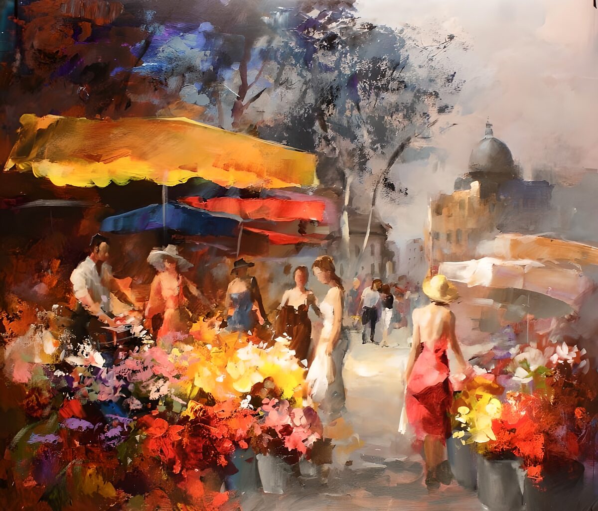 OCUK99752: Painted canvas Market stall with flowers