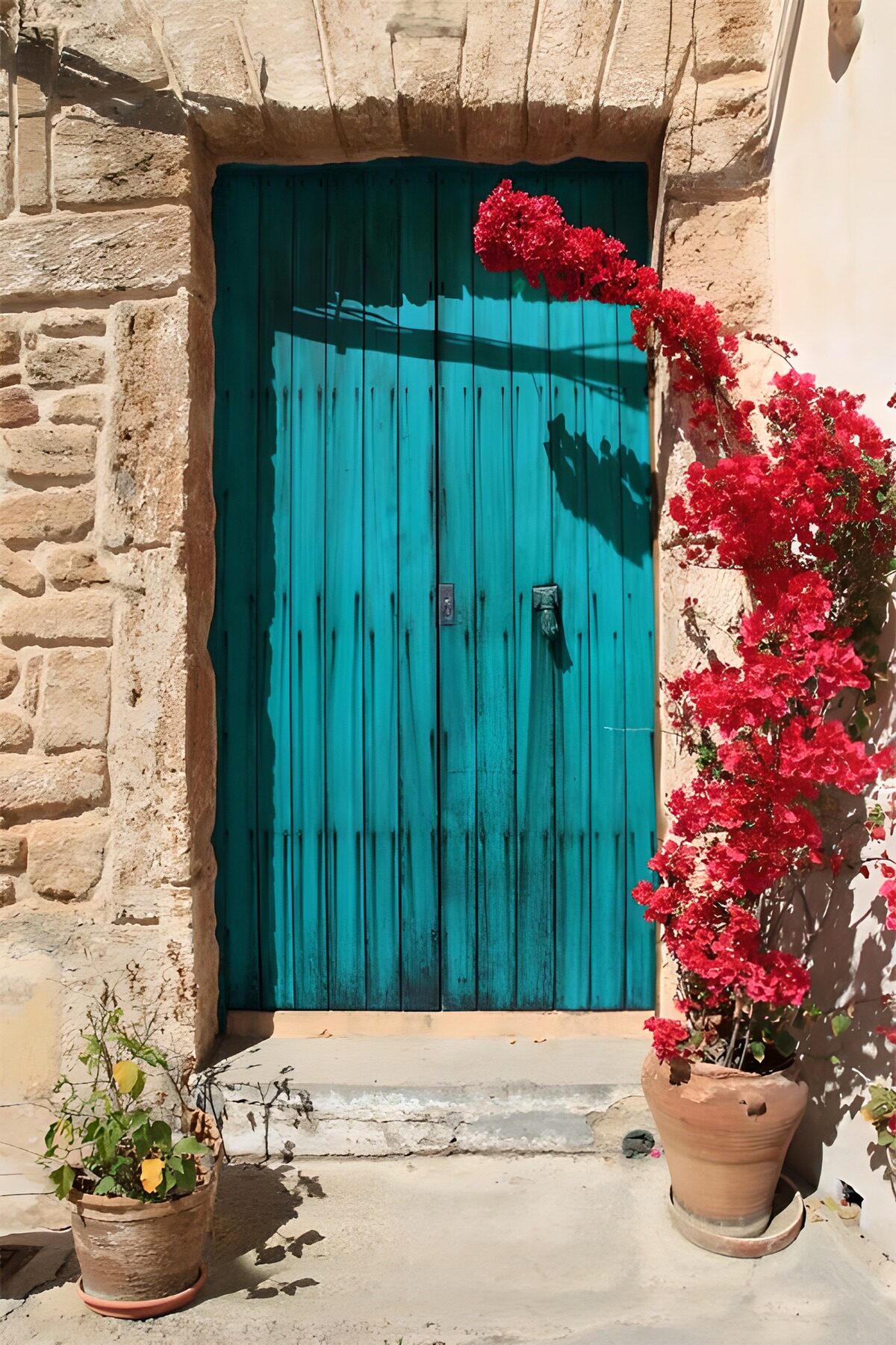 OCUK42543: Vibrant Turquoise Door Surrounded by Bougainvillea