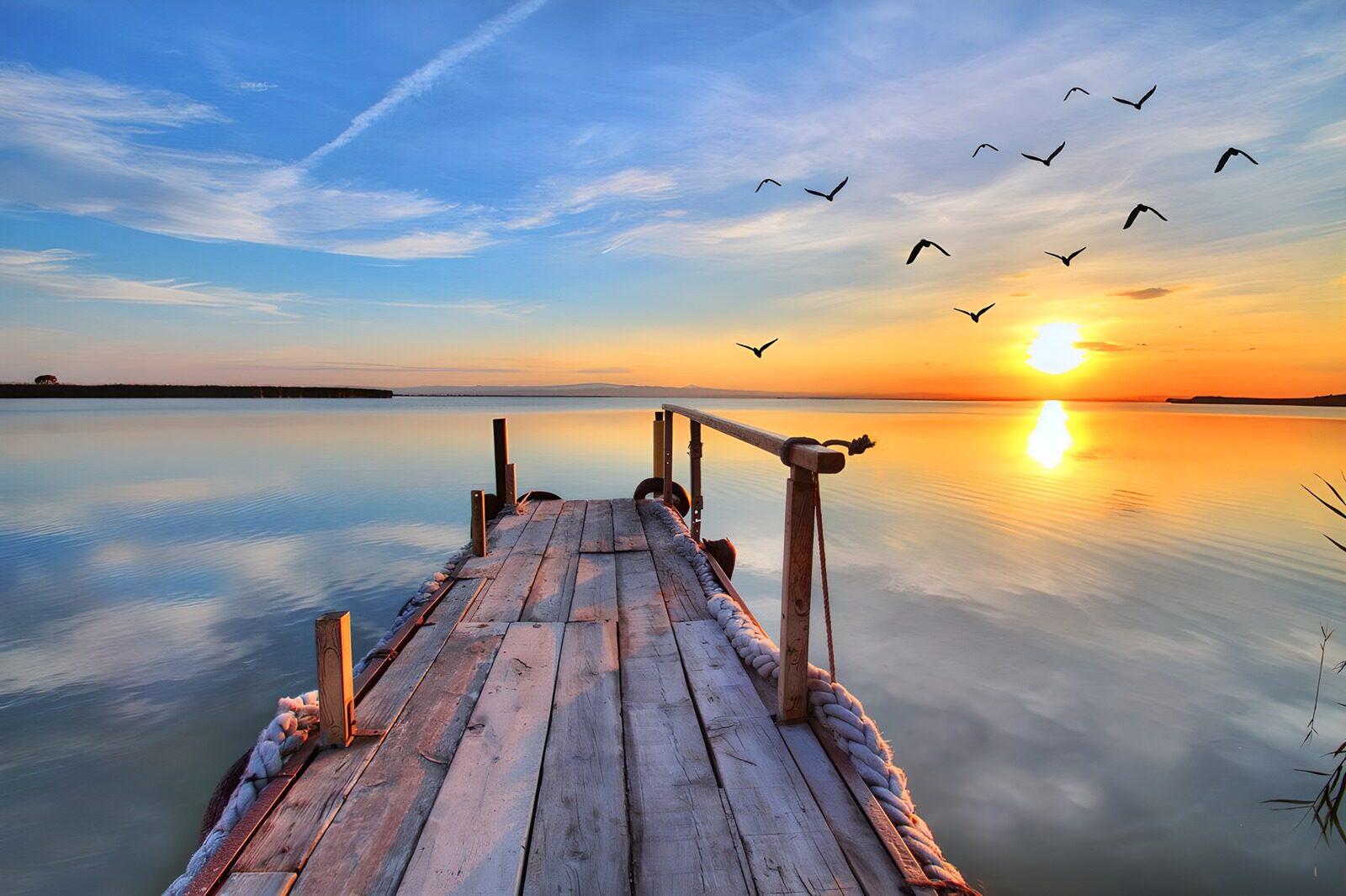 OCUK58574: Flock of birds at sunset with a lake and a pier