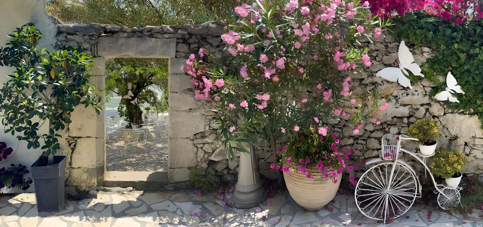 OCUK45026: See-through old wall with passage to patio and old bicycle with flowers