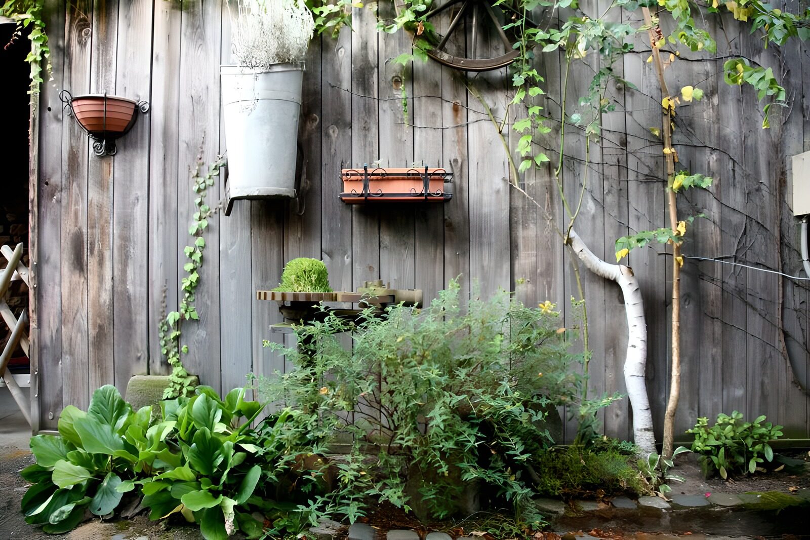 OCUK39189: Wooden fence with flowers and plants , old wheel etc