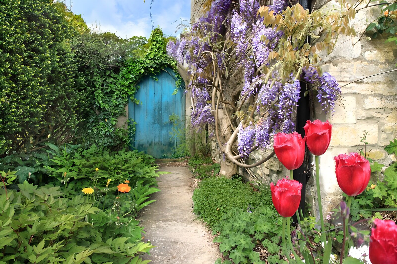 OCUK79657: Garden with pathway to blue wooden arched door, filled with colourful flowers