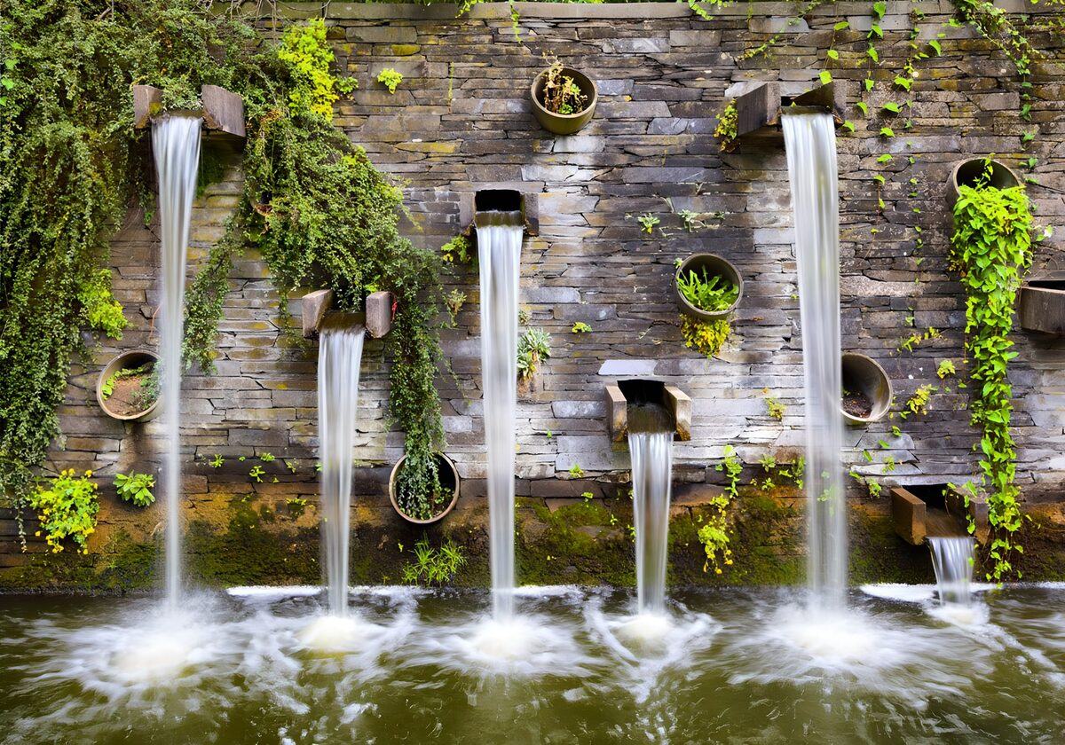 Wall with waterfall overgrown with plants
