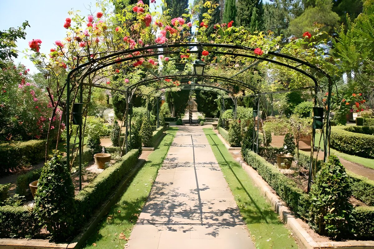 View through roses arch into French garden  version 3