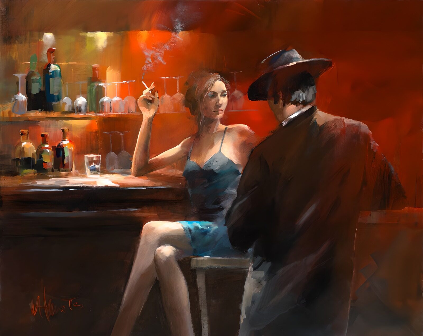 OCUK79375: Painted canvas . Man standing and woman smoking at the bar