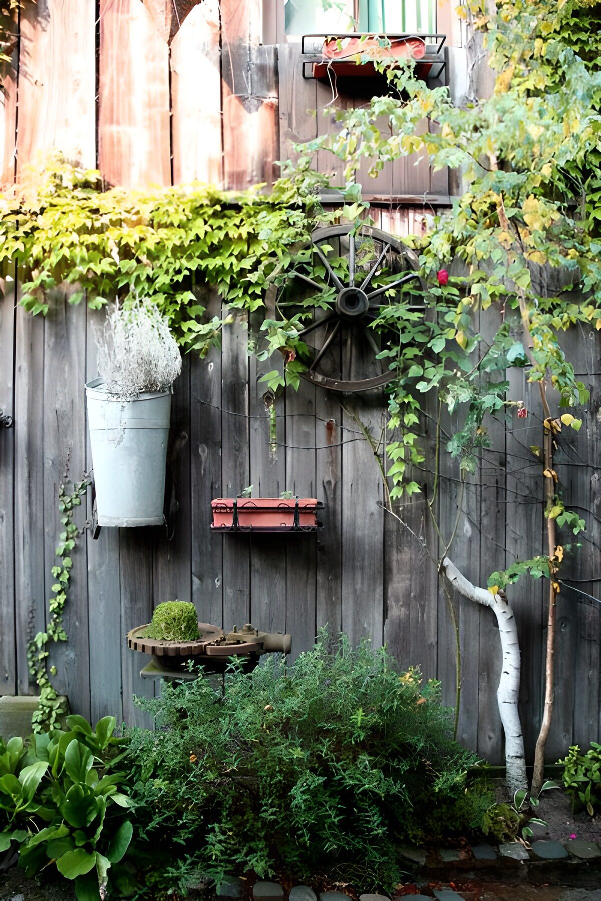 OCUK85223: Old things attached to wooden fence and leaves