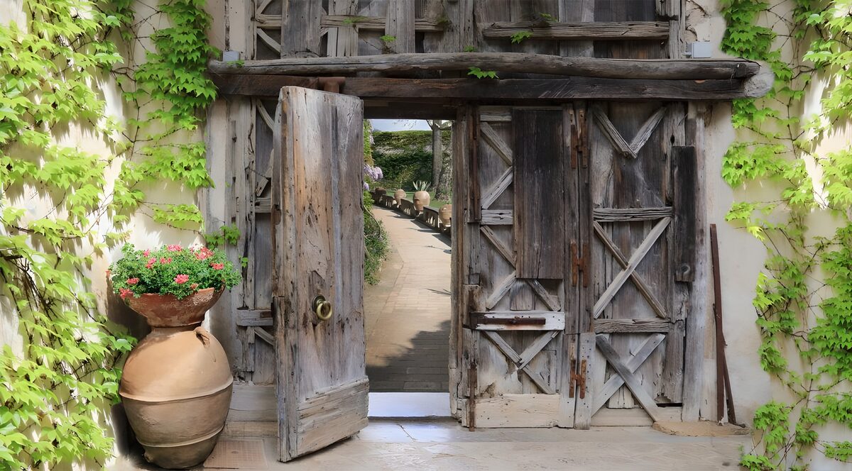 OCUK65914: Old double wooden door in brick wall, next to ivy and a flowerpot
