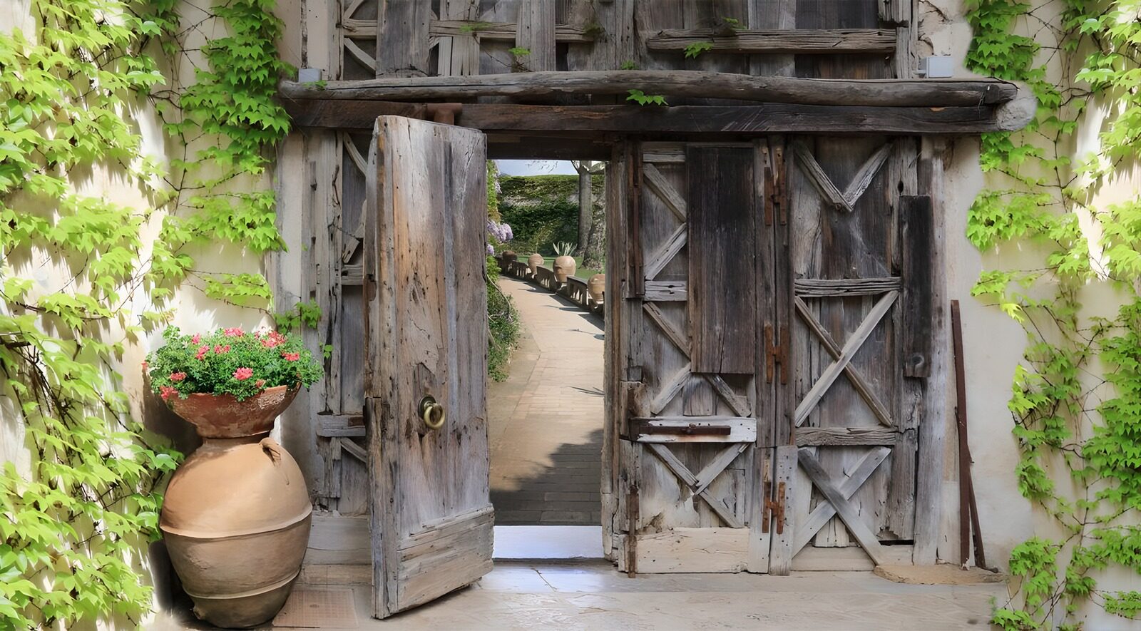 OCUK65914: Old double wooden door in brick wall, next to ivy and a flowerpot