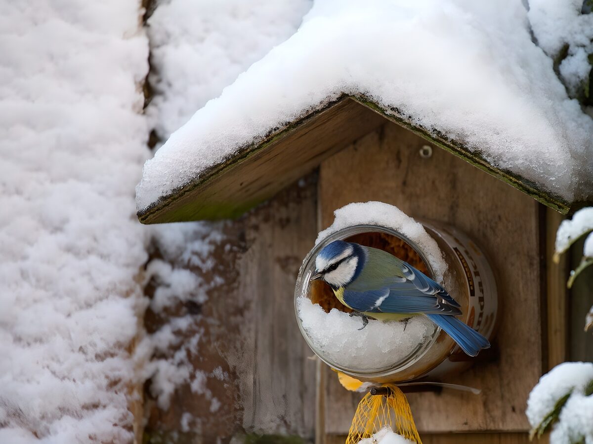 Bird in snow at the bird house