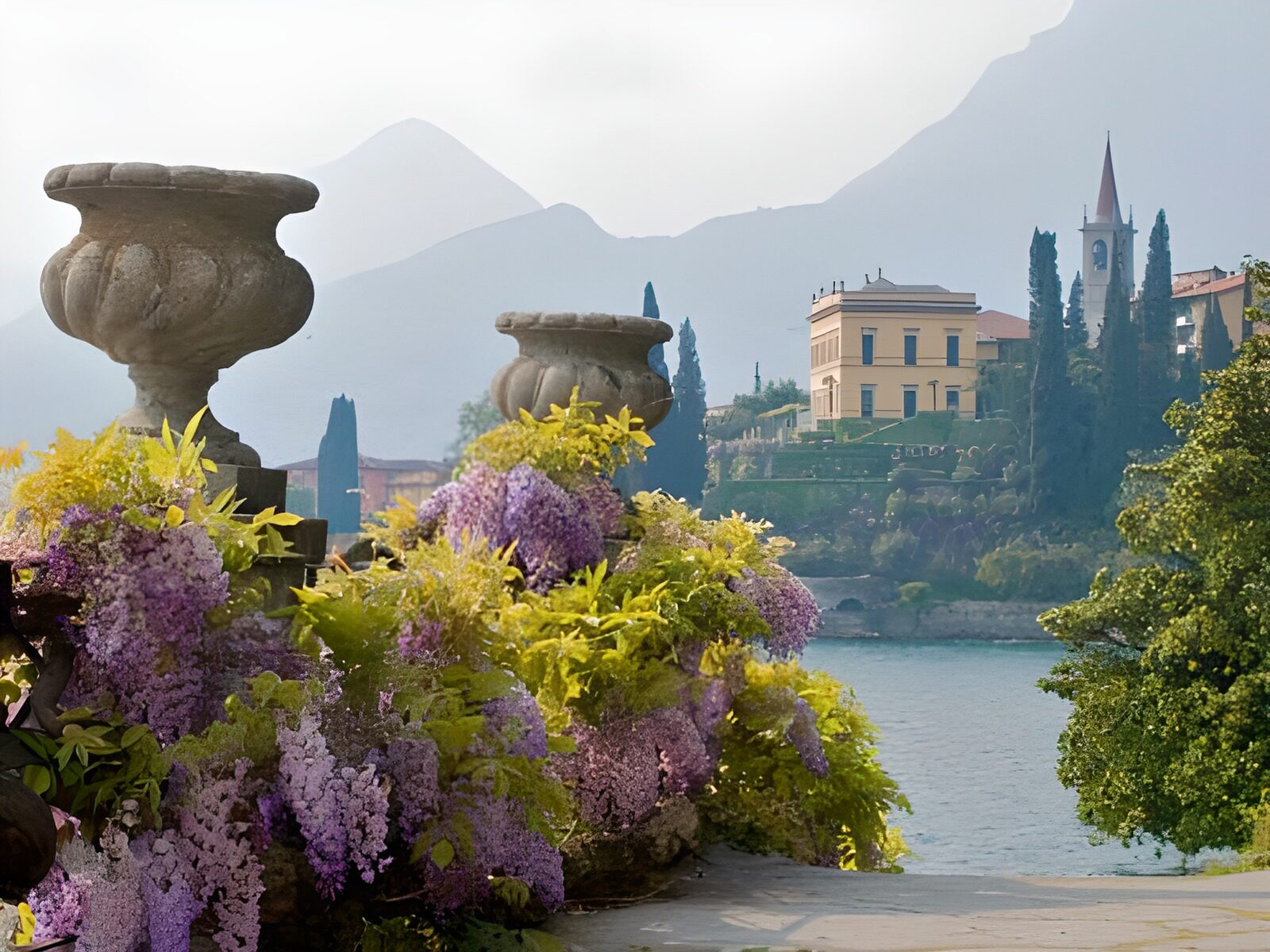 OCUK97025: Italian view with two old flower vases covered by blue Wisteria
