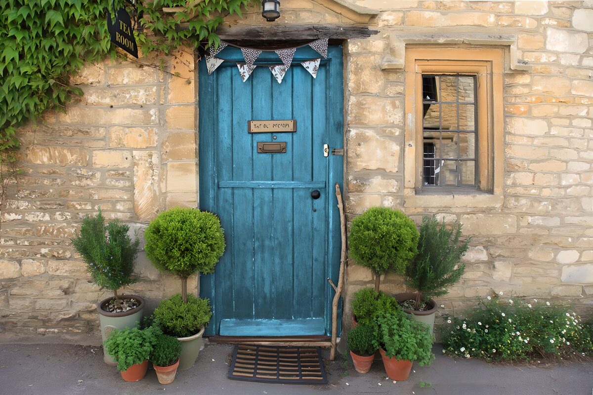 OCUK69072: Blue wooden door in brick wall between flowerpots