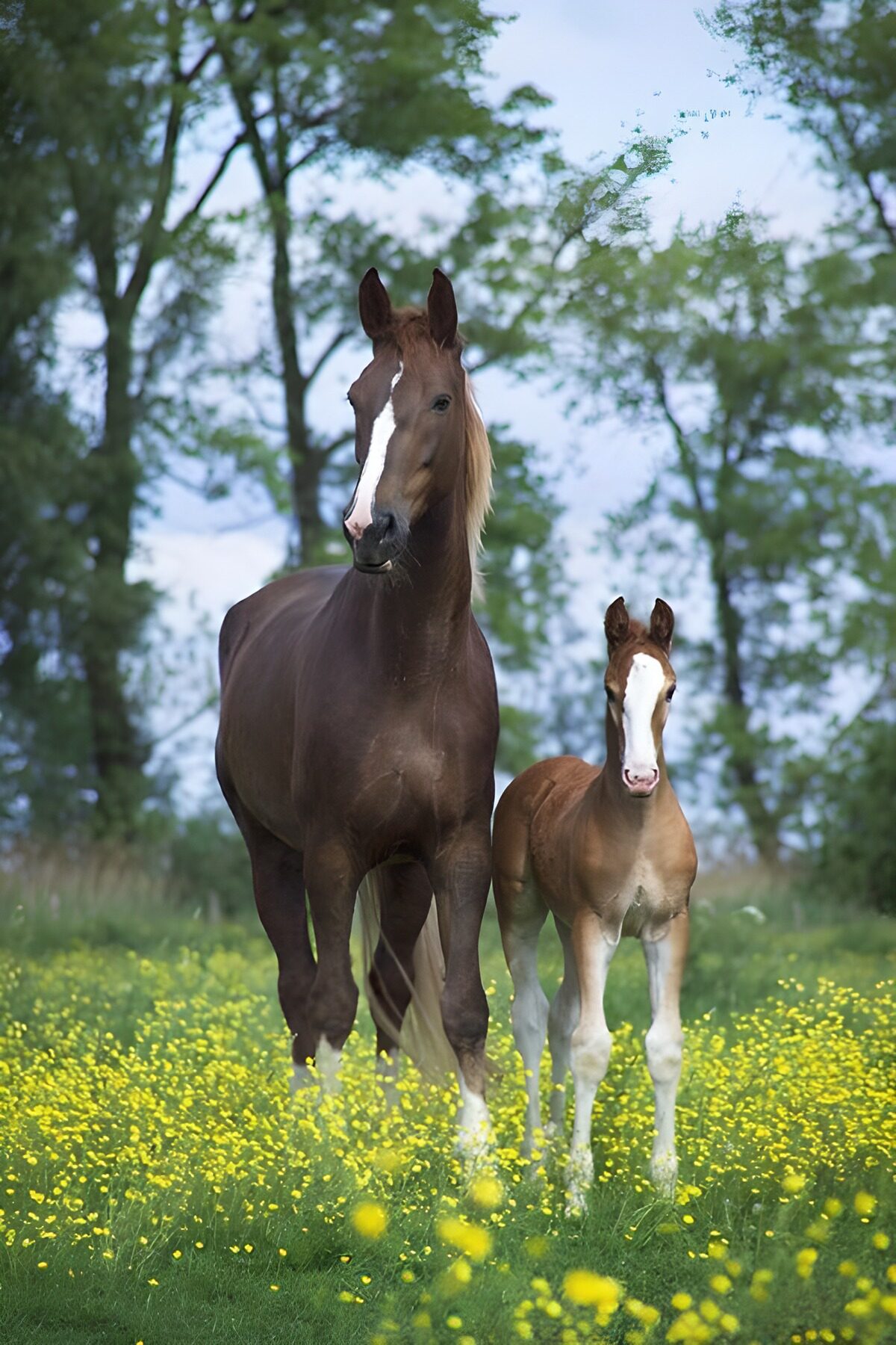 OCUK24075: Mother and Foal in Blooming Meadow