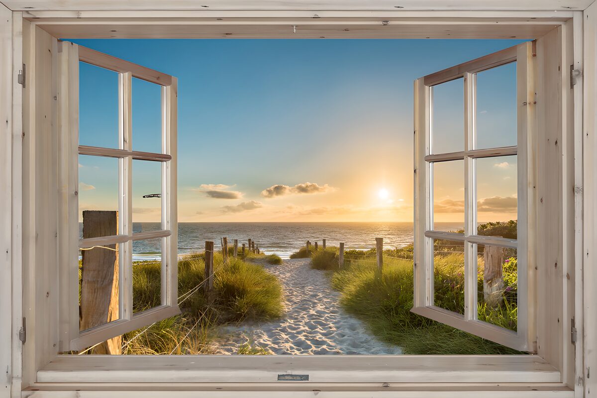 Serene Coastal Sunset View from a Window