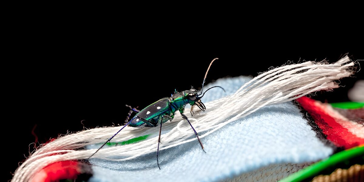 Vibrant Beetle on Colorful Fabric