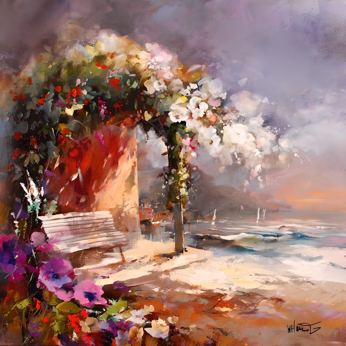 OCUK50398: Painted garden house with flowers chairs and view over the sea version 2