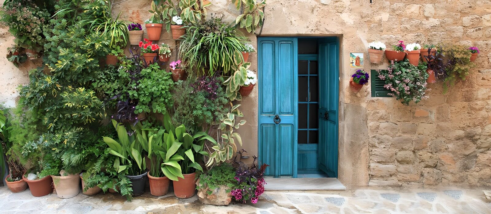 OCUK76035: Front view of house with blue wooden door and many flowerpots
