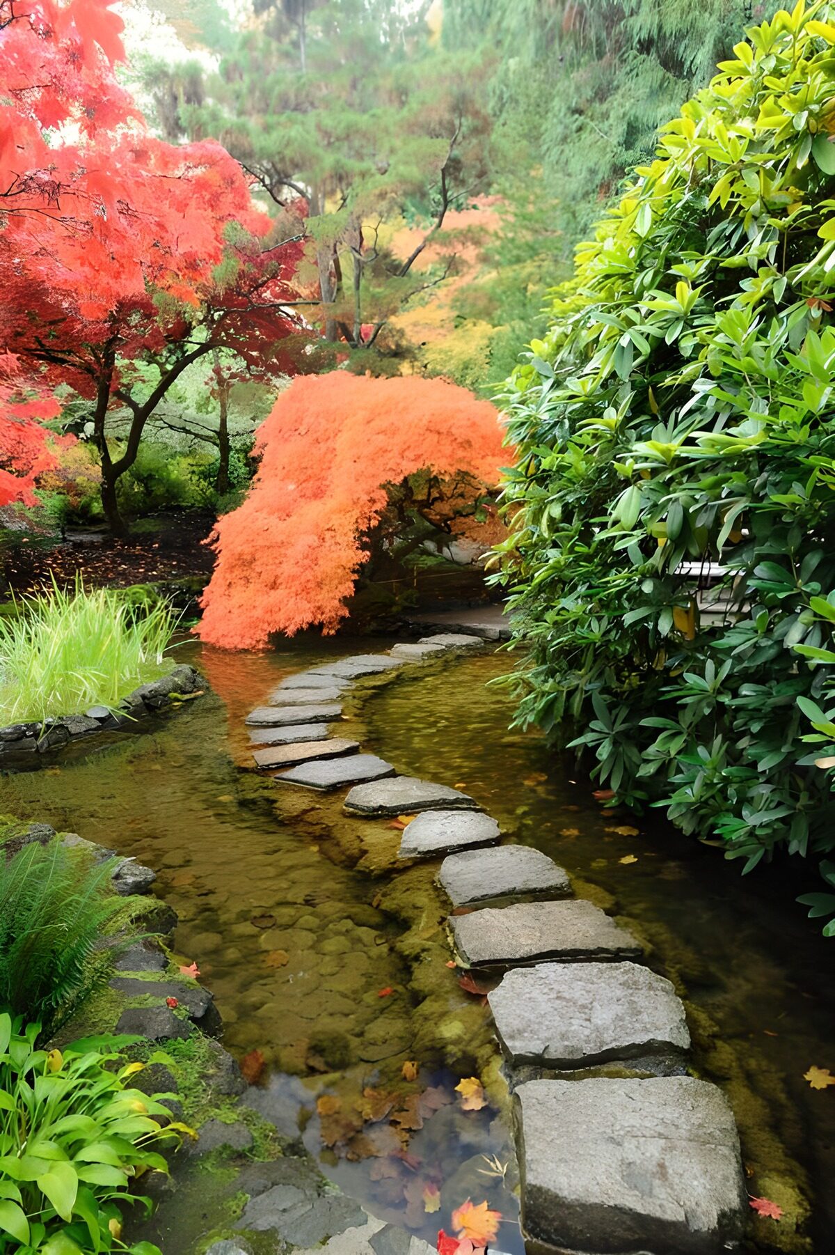 Japanese garden with a pathway of stones in the water