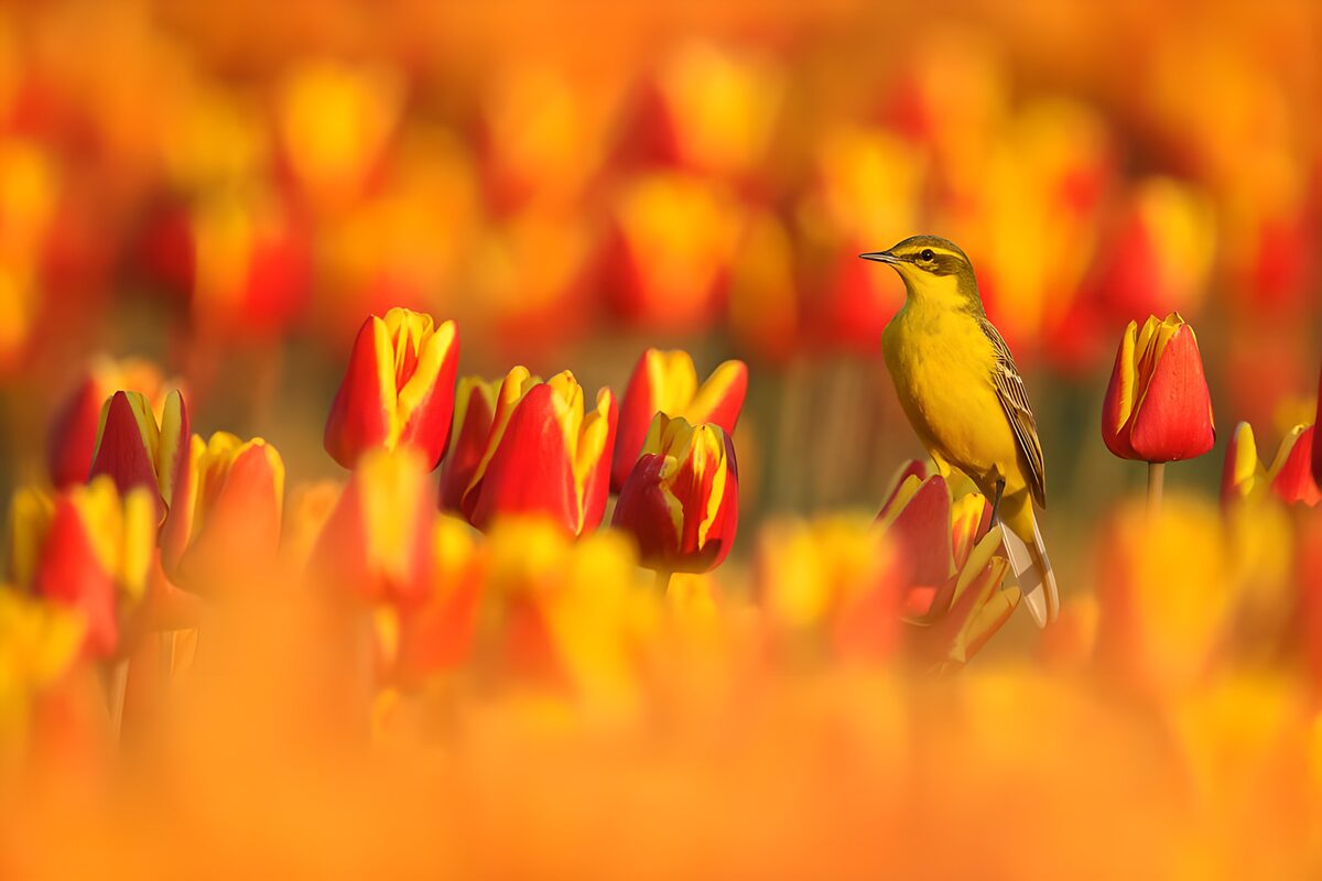 OCUK21023: Yellow Bird Among Vibrant Tulips