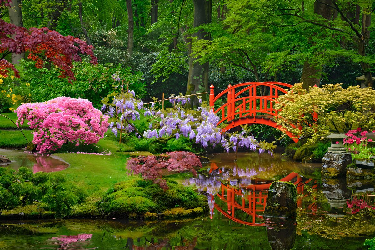 OCUK50504: Tranquil Garden with Red Bridge