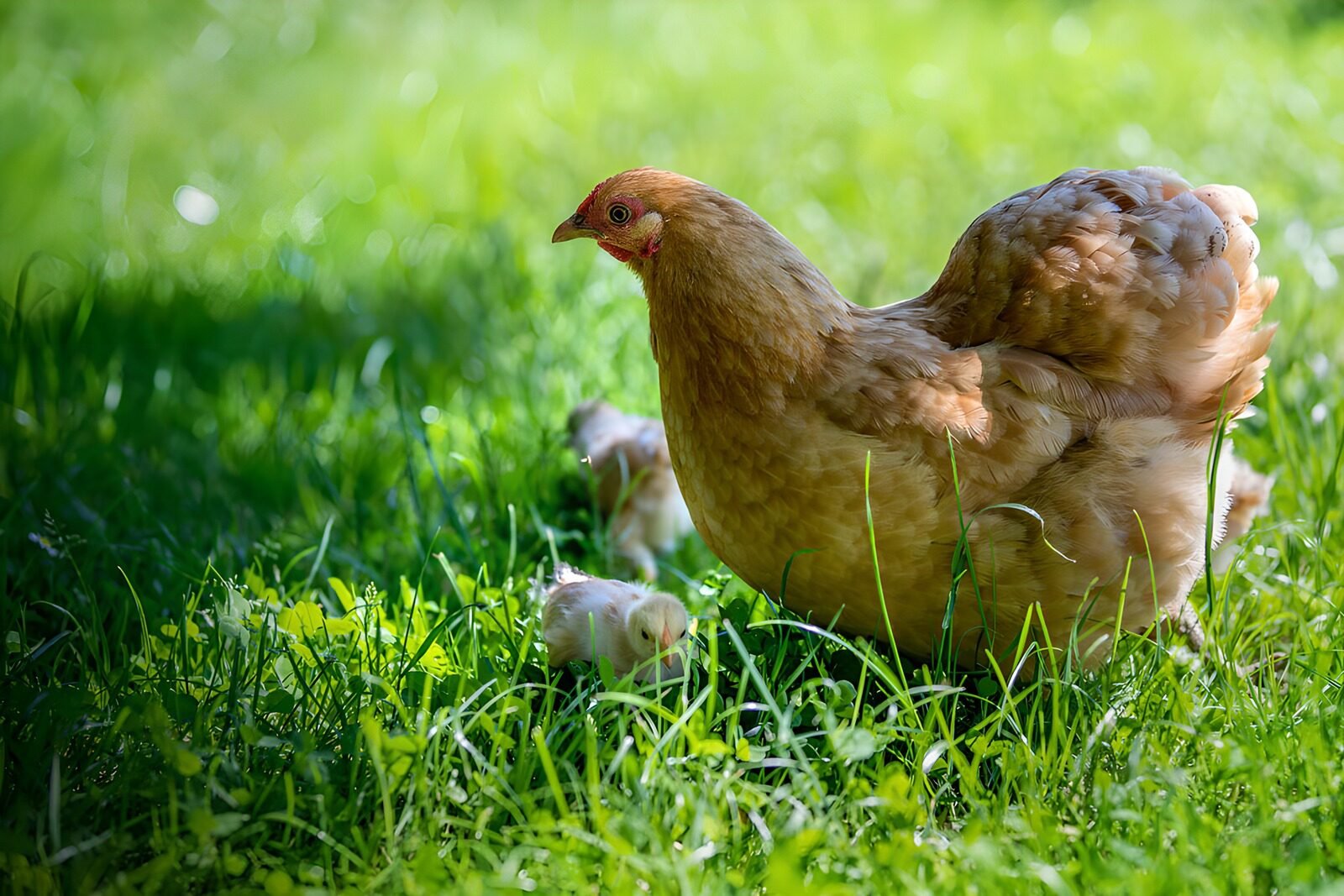 OCUK46143: Hen with Chicks in Sunlit Grass