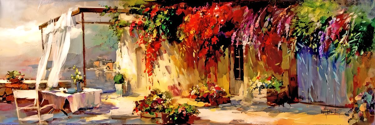 Painted garden house with flowers chairs and view over the sea version 3