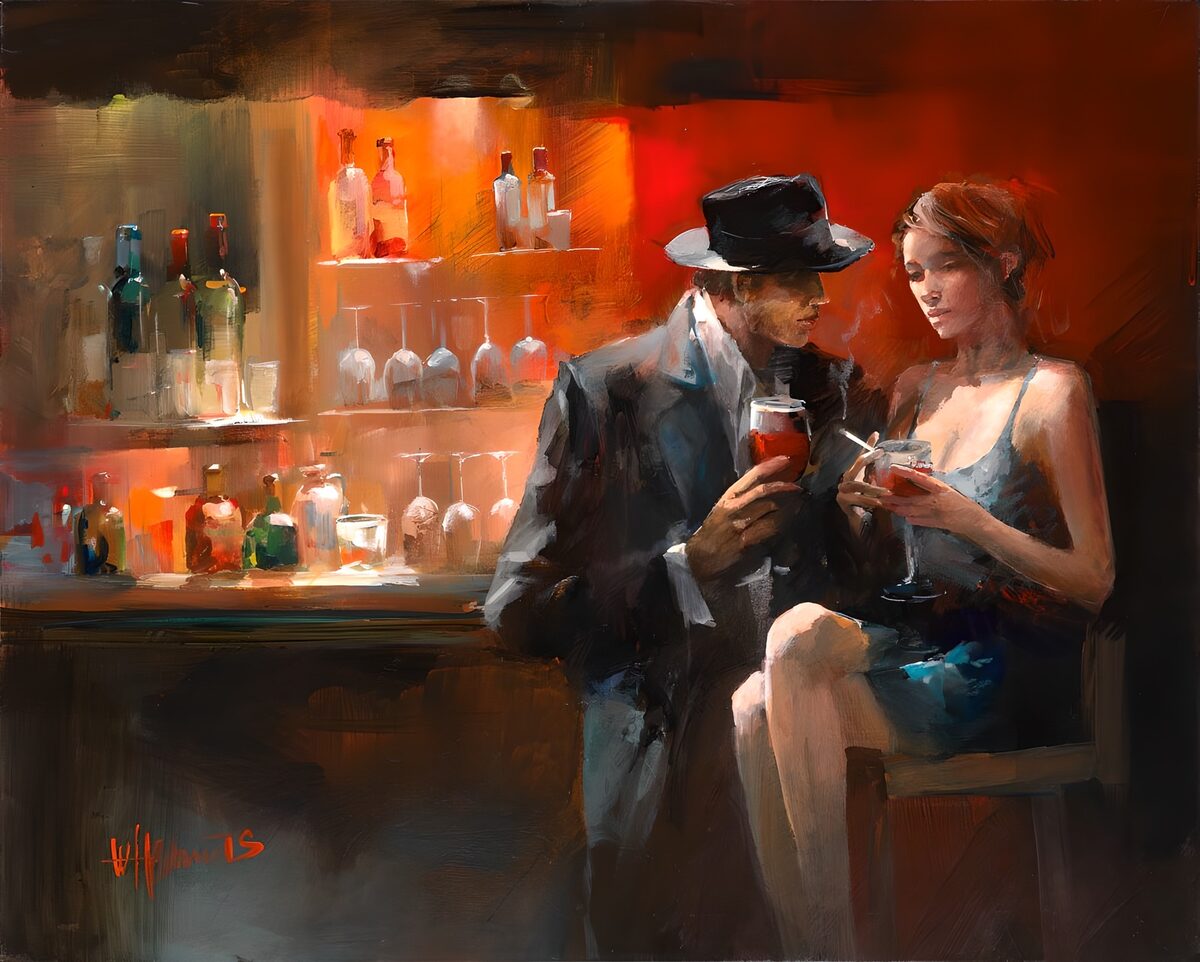 OCUK48109: Painted canvas, couple seated at the bar with a drink
