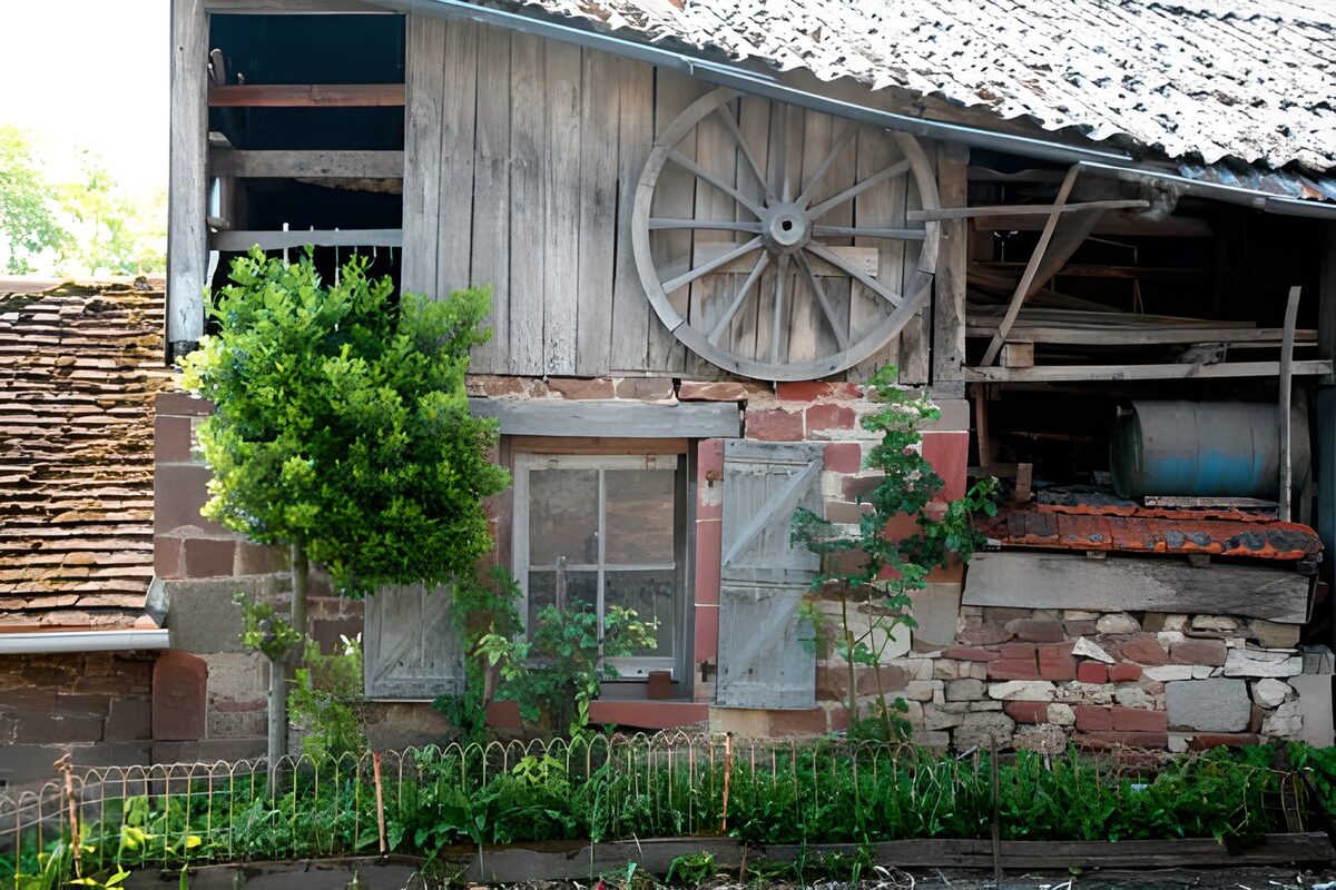 Old French farm with old wheel and shutters etc version 2