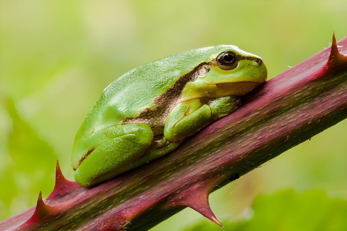 OCUK92909: Green Frog on Thorny Stem