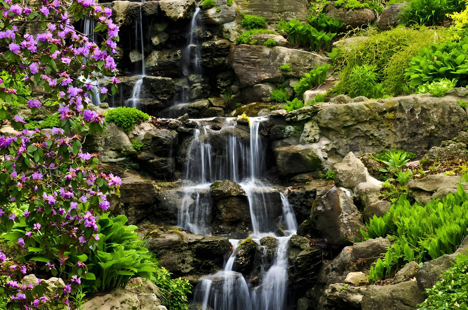 OCUK41861: Waterfall next to colourful flowers
