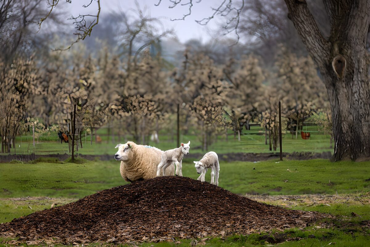 Playful Lambs on a Woodchip Hill