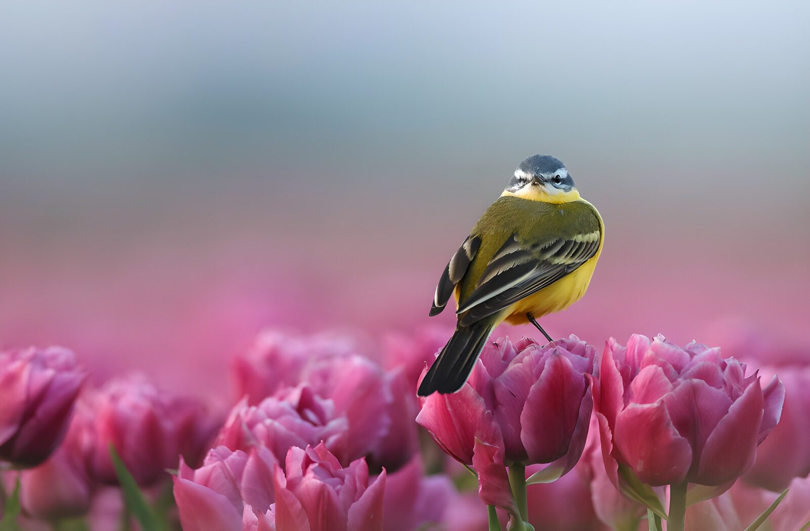 OCUK77495: Colorful Bird Among Tulips