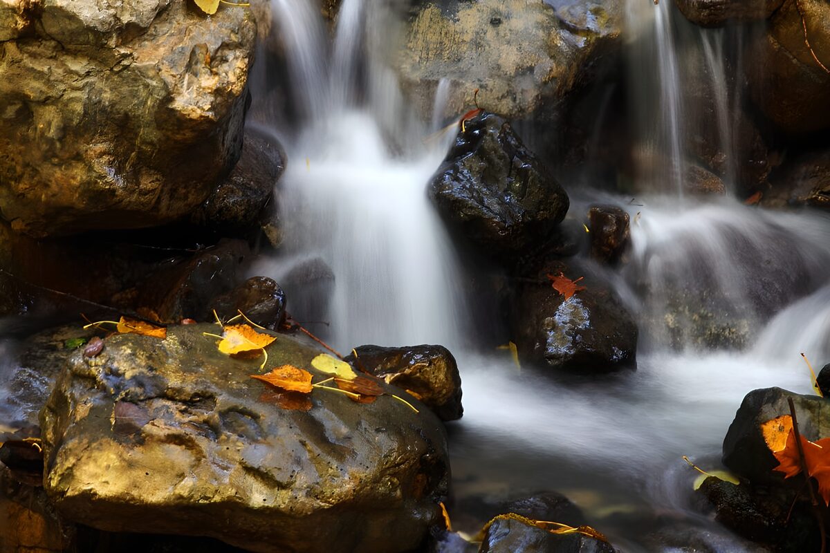 OCUK23297: Tranquil Waterfall Amidst Autumn Leaves