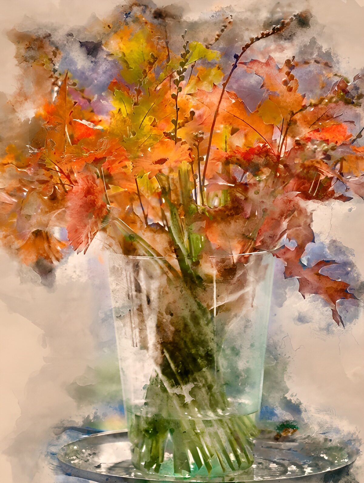 OCUK73445: Autumn Leaves in a Glass Vase