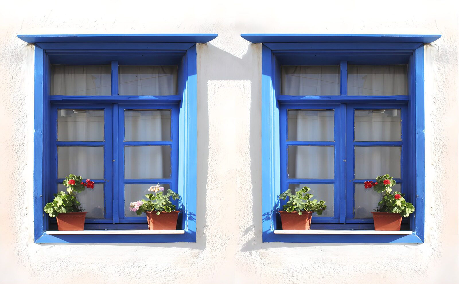 OCUK93753: Charming Blue Windows with Flower Pots