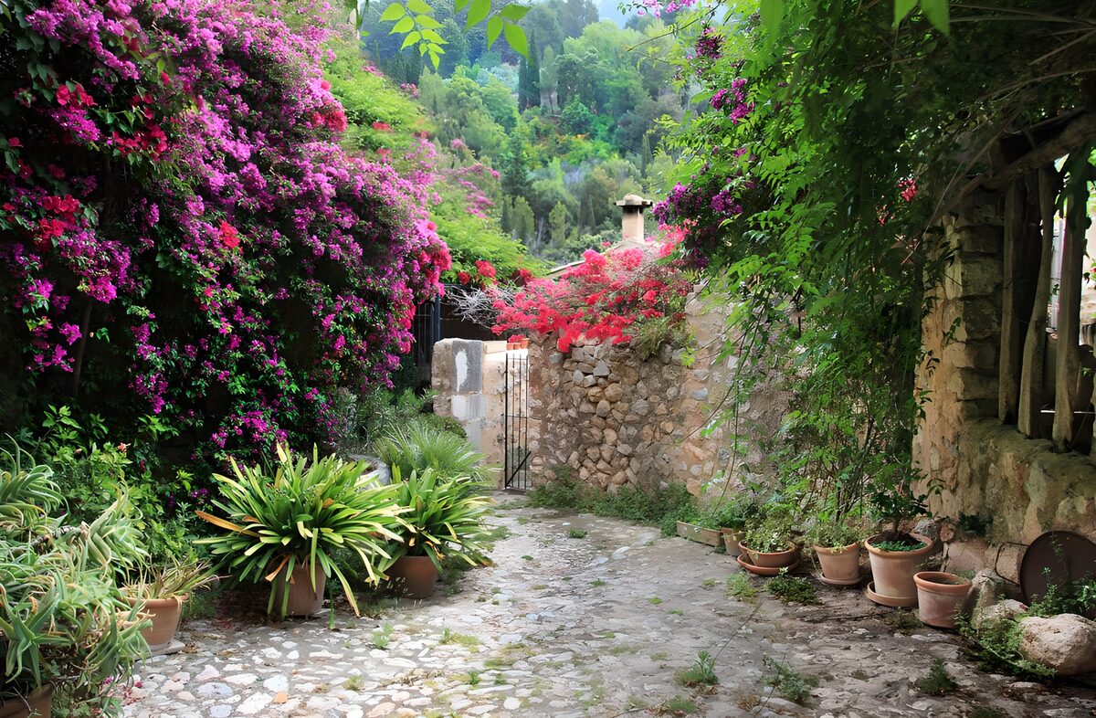 OCUK54806: Brick garden covered with colourful flowers