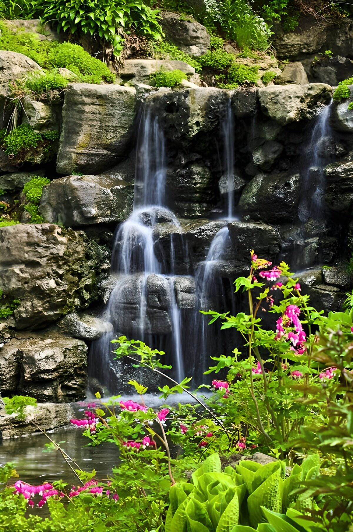 Serene Waterfall in Lush Garden