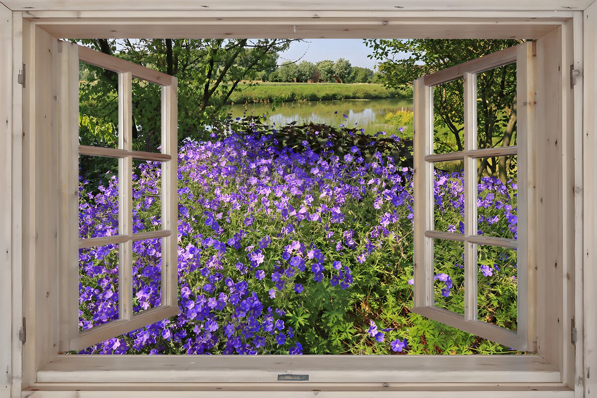 Serene Floral View from a Rustic Window