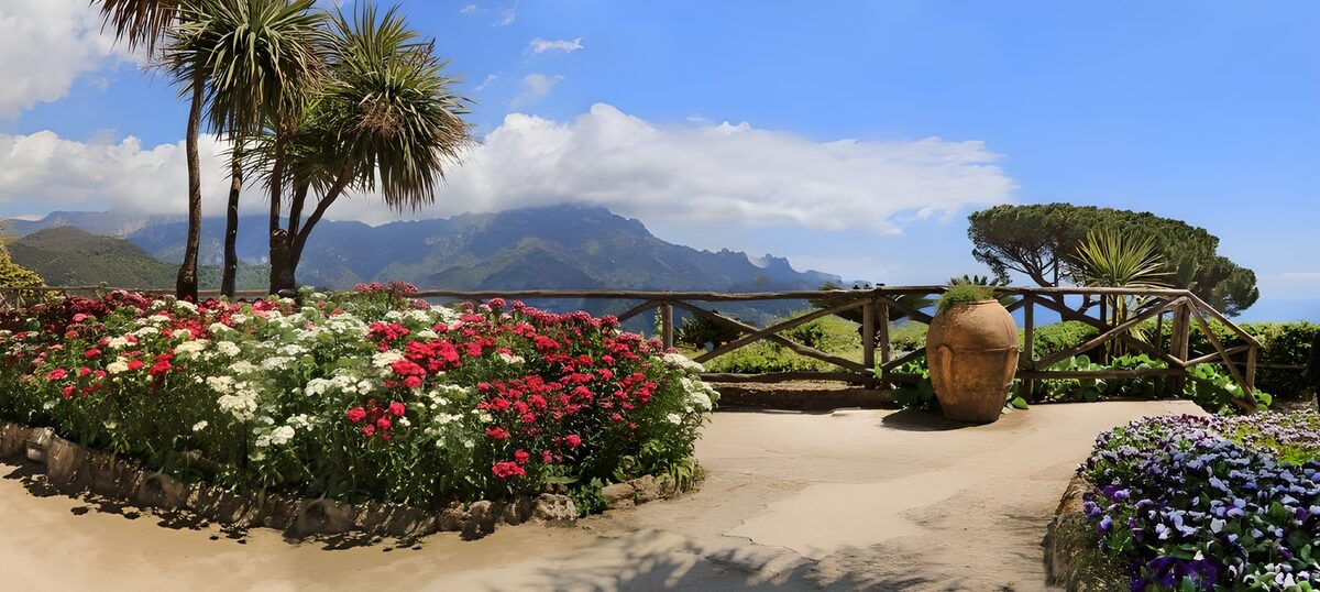 OCUK60506: Island balcony with colourful flowers and lookout at mountain