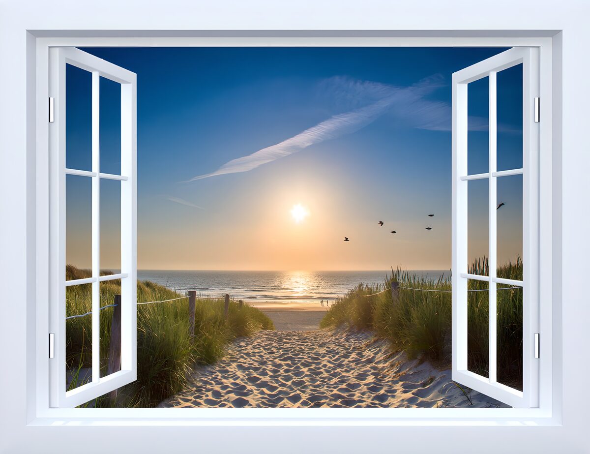 Scenic Beach View Through Open Window