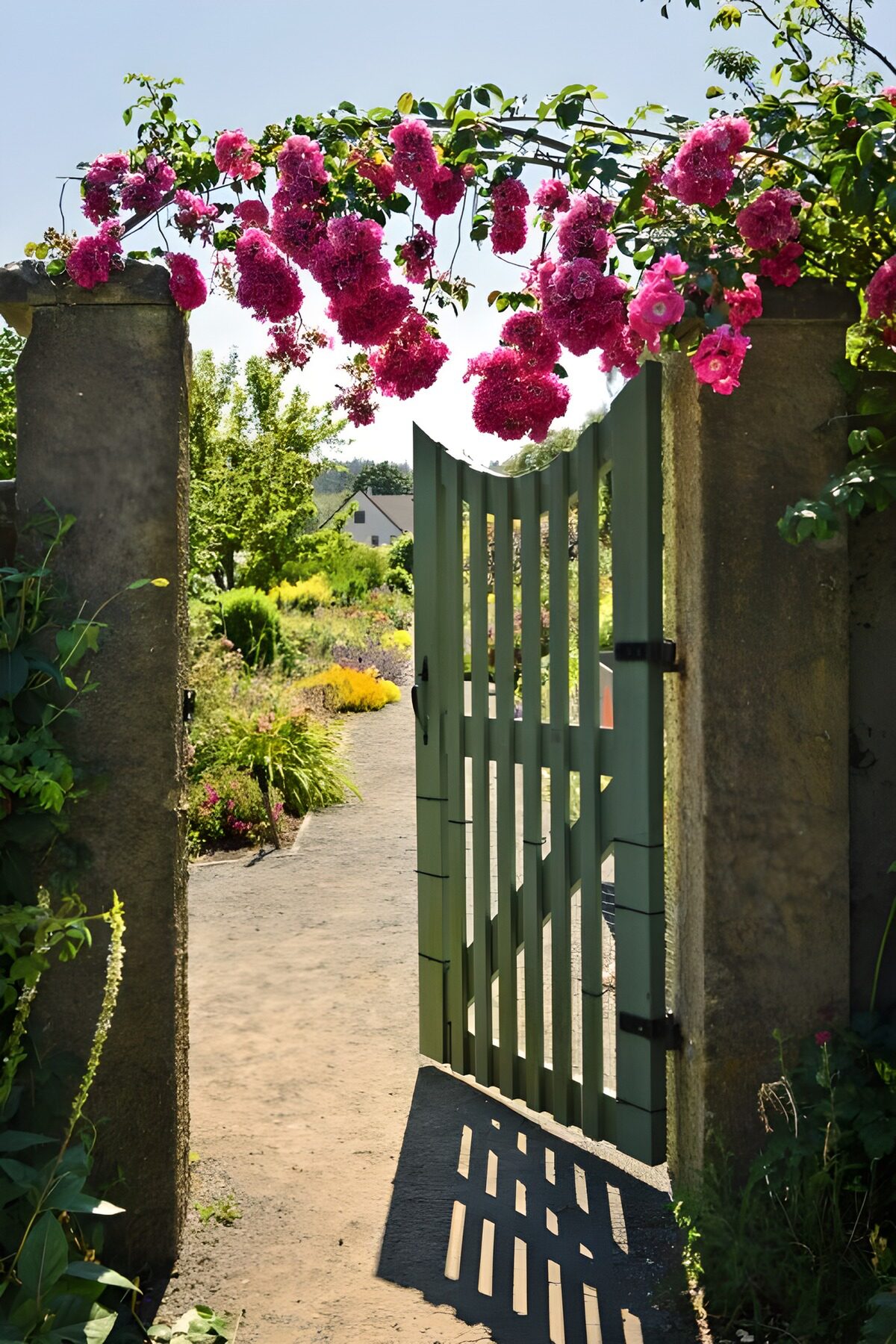 Wooden gate in garden below pink flowers