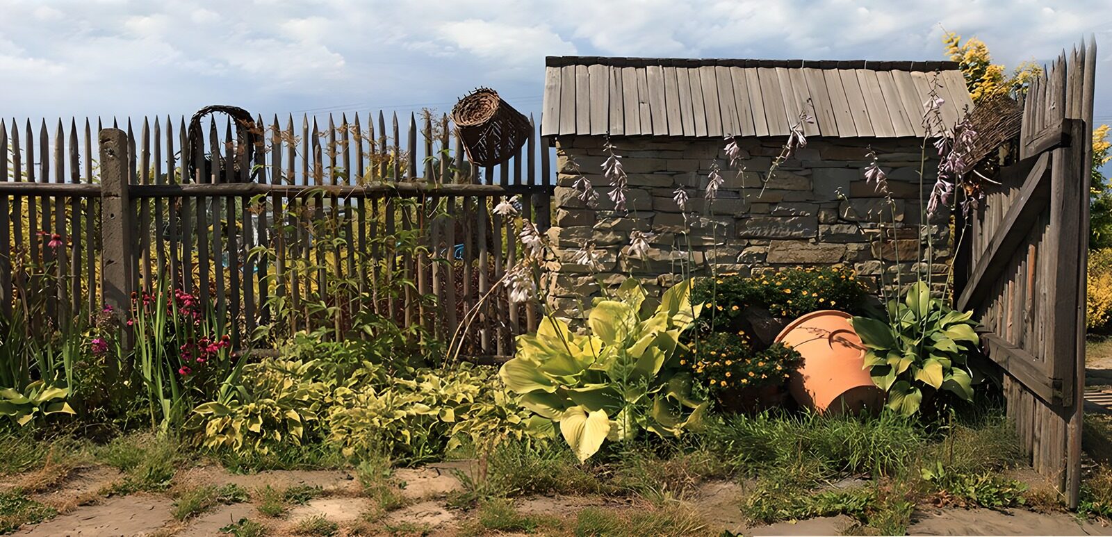 OCUK25081: Charming Garden Gate with Rustic Shed