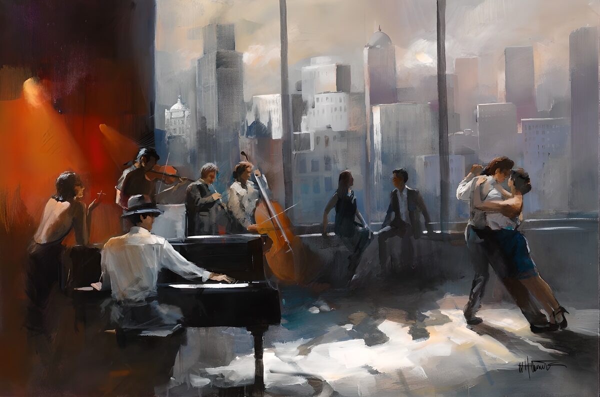 OCUK74579: Painted canvas Couple dancing Tango  Orchestra version 2